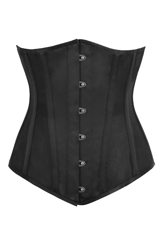 corset dress for gala party-Black Satin Longline Underbust Corset with Black Mesh Panels