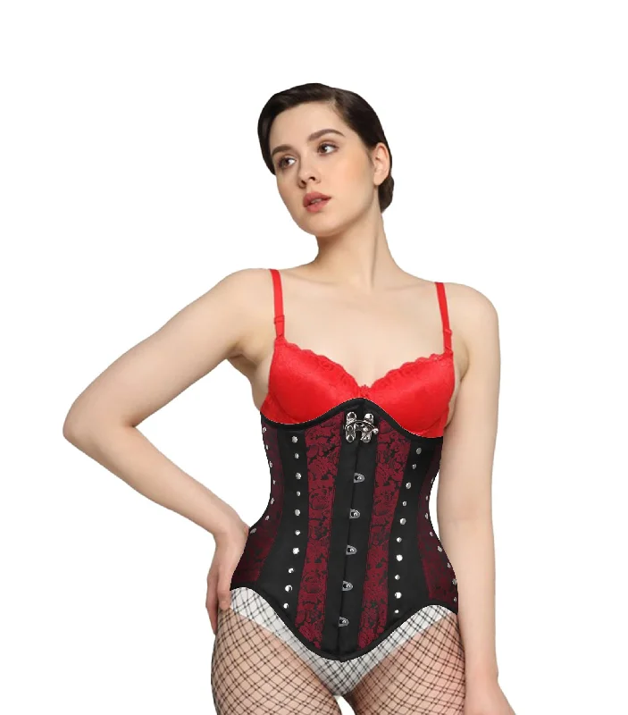 corset dress with slit-Red Brocade Black Satin Waist Reducing  Underbust Corset