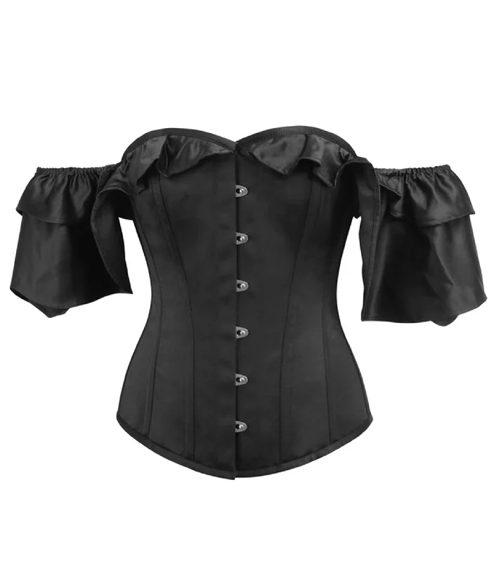 corset with floral applique-Black Satin Overbust Corset