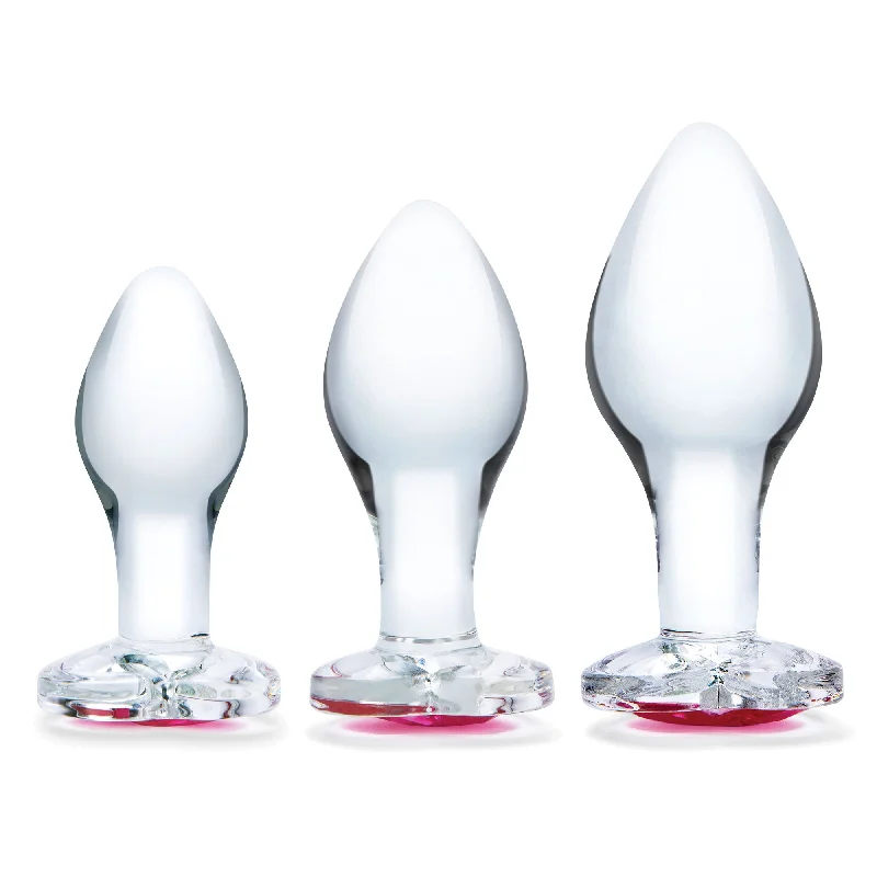 Anal toys for safe use-3 Pc Heart Jewel Glass Anal Training Kit - Clear/pink