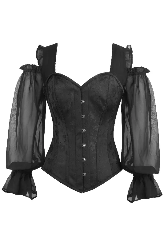 corset for slim silhouette-Black Brocade Corset Top with Chiffon Sleeves