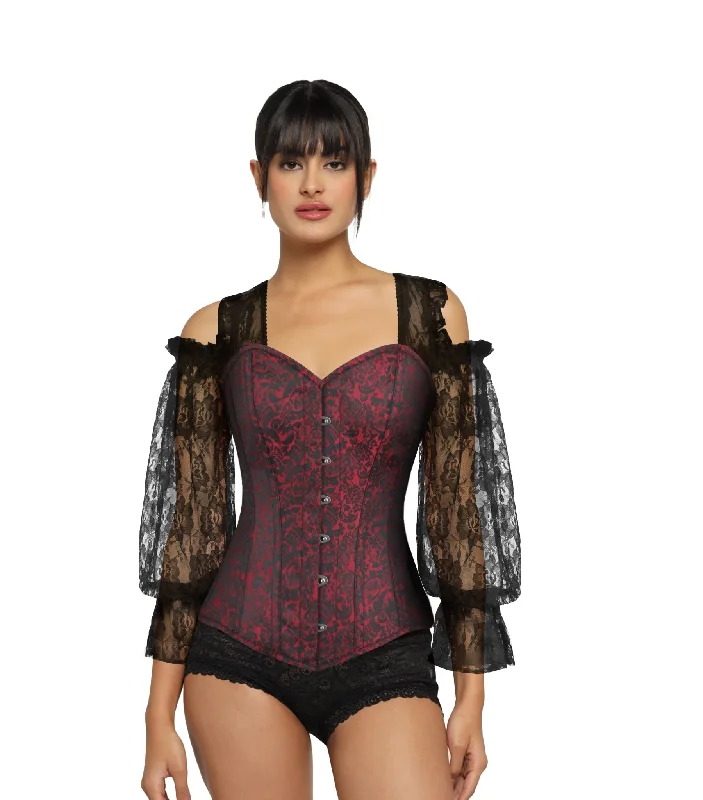 corset for gothic cosplay-Black Red Brocade Overbust  Long Sleeves Corset