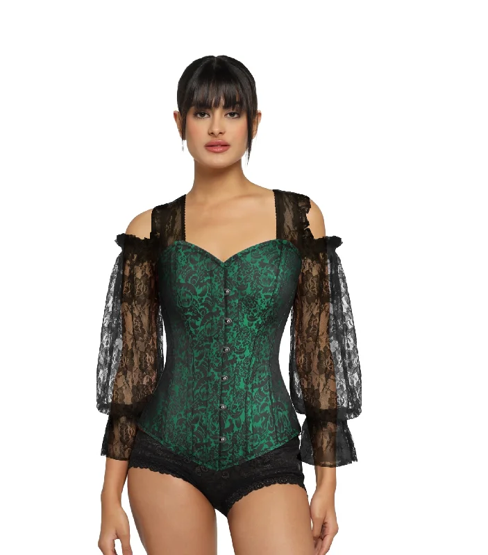 corset dress for theater-Black Green  Broade Overbust long Sleeves Corset