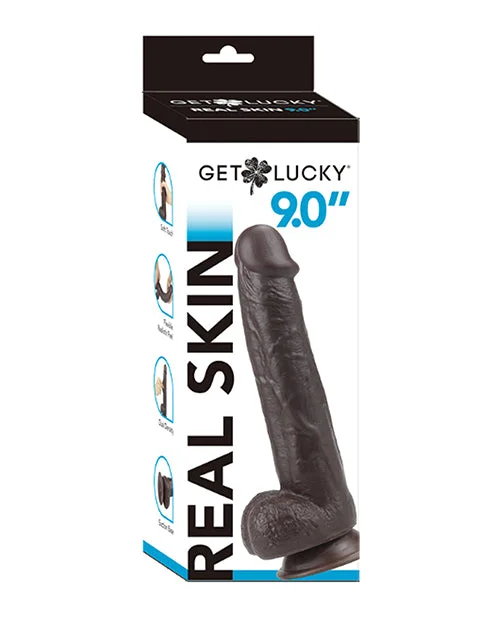 textured mini dildo-Get Lucky 9.0" Real Skin Series - Dark Brown