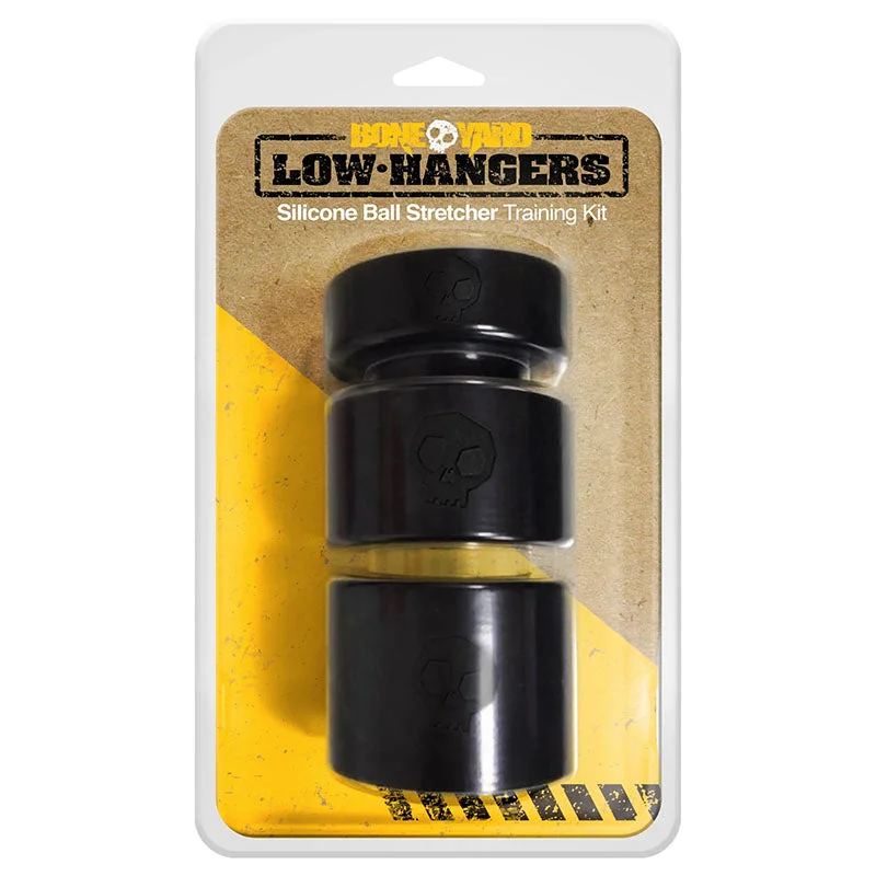 cock ring material types-Boneyard Low Hangers - Black Silicone Ball Stretcher Training Kit