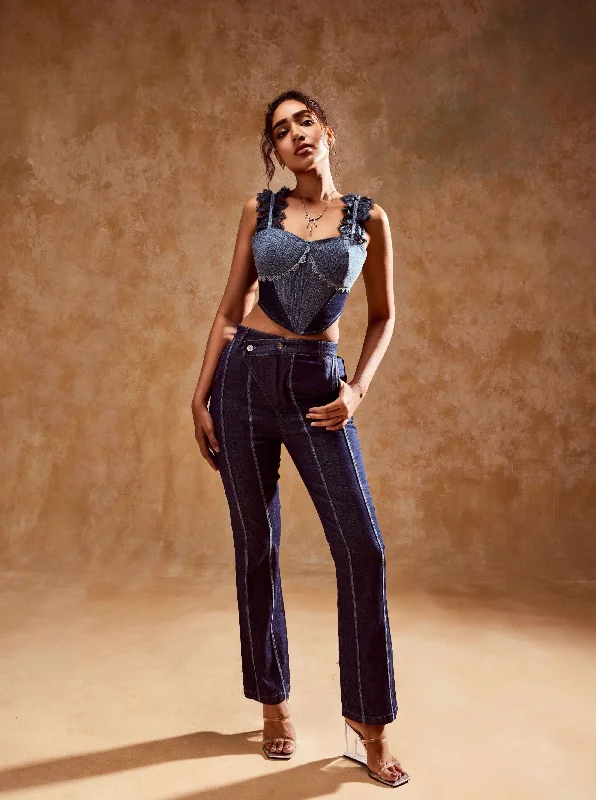 corset with crisscross straps-Charlotte Denim Corset and Pants Set