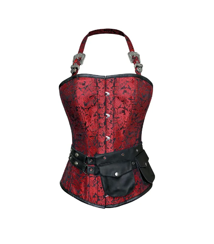 corset for body contouring-Red Brocade Waist Reducing  Overbust Corsets