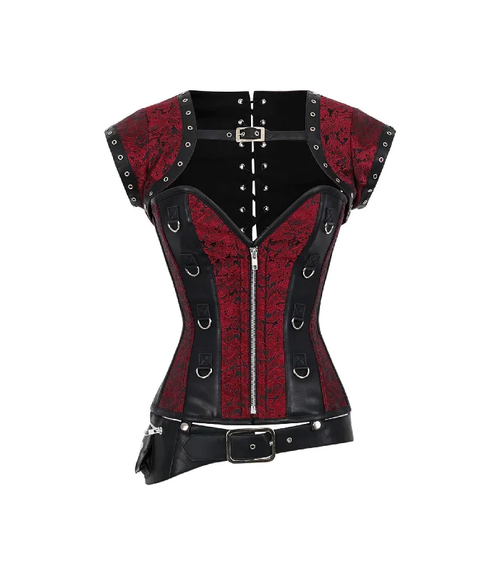 corset for costume party-Red Brocade & Black Faux Leather Gothic Overbust Corset