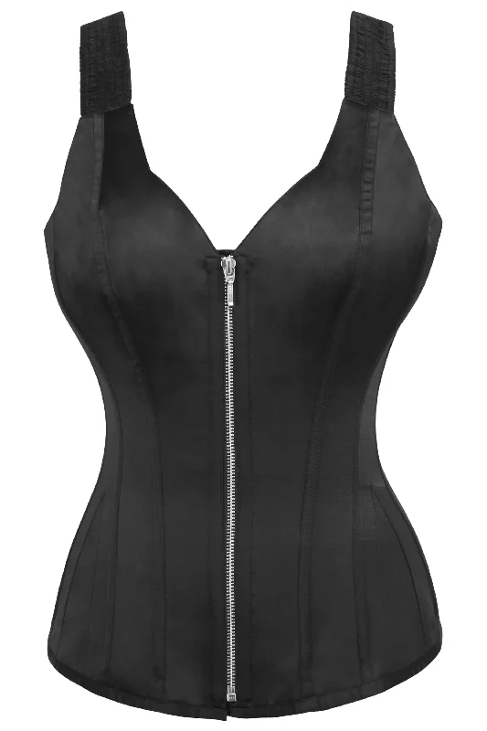 corset for belly shaping-Black Satin Overbust Corset with Shoulder Straps and Zip