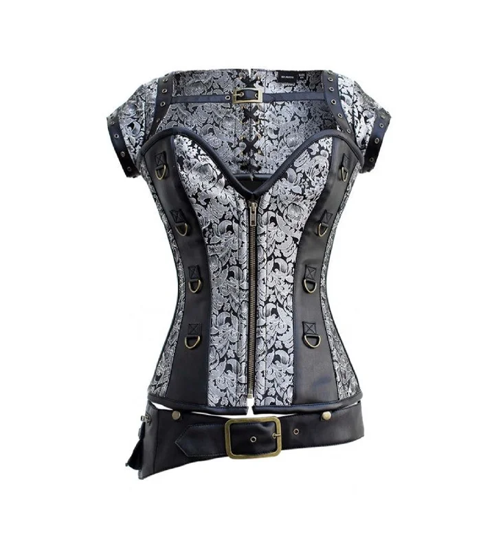 corset top navy blue-Silver Brocade & Black Faux Leather Gothic Overbust Corset