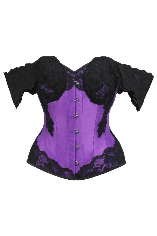 corset top with embroidery-Purple Longline Corset Top with Lace Cap Sleeve