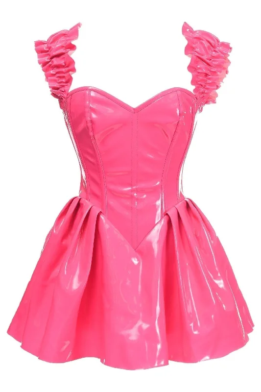 corset top yellow floral-Top Drawer Steel Boned Hot Pink Patent PVC Vinyl Corset Dress