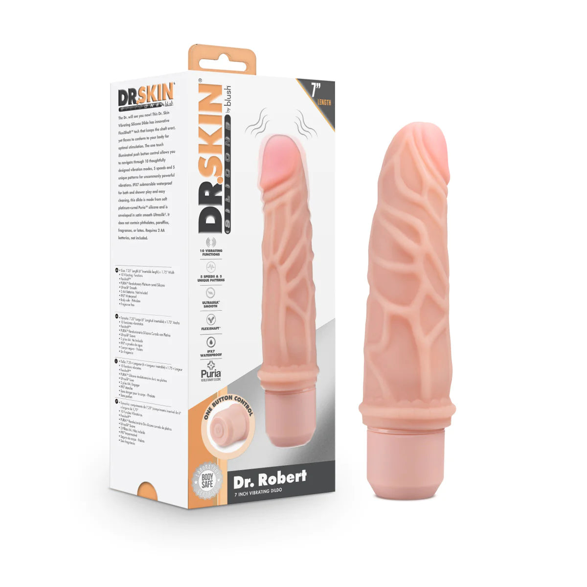 textured rotating dildo-Dr. Skin Silicone Dr. Robert Beige 7.25-Inch Long Vibrating Dildo