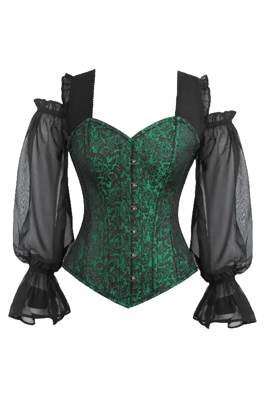 corset for theatrical play-Long sleeve Green and Black Brocade Corset Top with Chiffon Sleeves