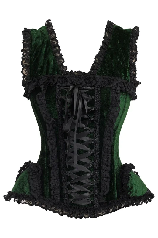 corset top with sleeves-Top Drawer Dark Green Velvet & Lace Steel Boned Corset w/Cap Sleeves