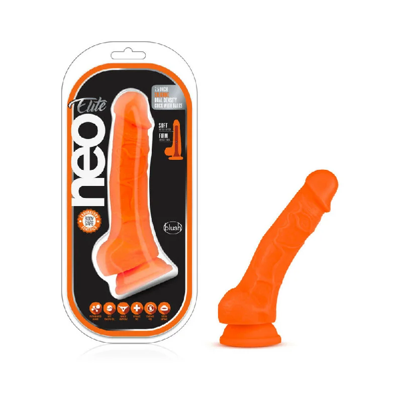 textured curved dildo-Neo Elite 7.5 in. Silicone Dual Density Dildo with Balls Neon Orange