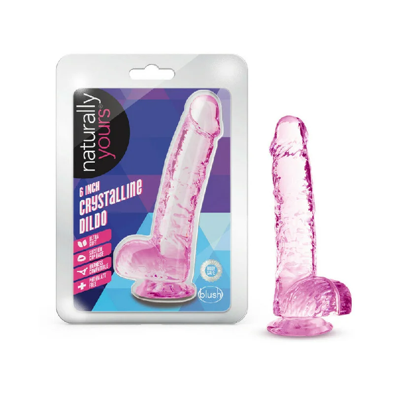 curved anal dildo-Naturally Yours Crystalline 6 in. Dildo with Balls Rose