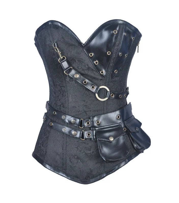 corset with velvet lace-Black Brocade Overbust Corset