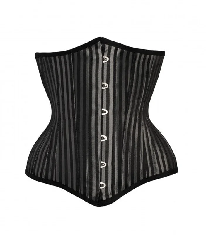 corset with drawstring back-Black & Silver Strip Brocade Authentic Steel Boned Underbust  Corset