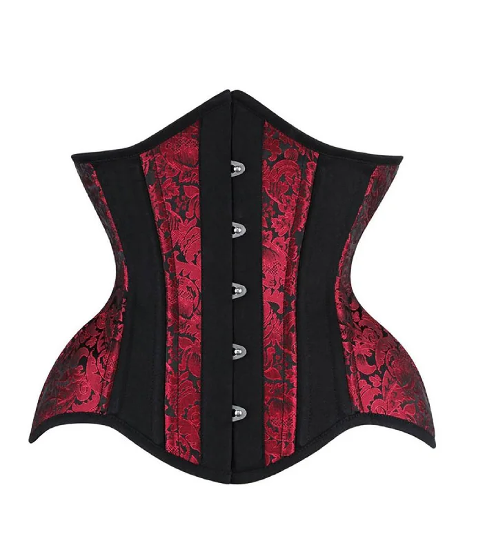 corset with front clasps-Heidi Red Brocade Authentic Steel Boned Underbust  Waist Training Corset