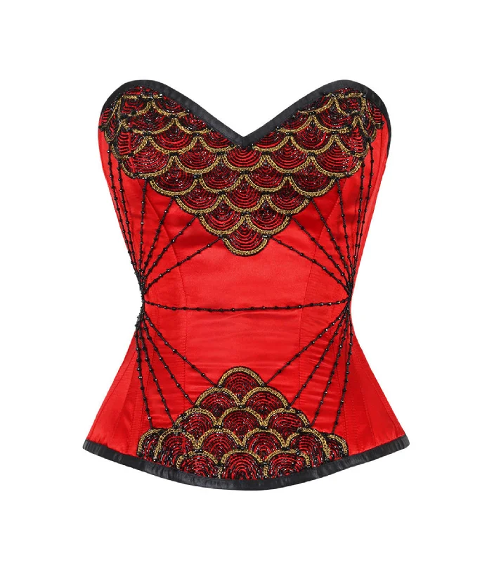 corset with brocade trim-Fish Scale Embroidered Red Overbust Corset