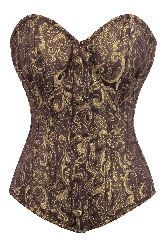 corset with back laces-Brown and Gold Brocade Overbust Corset with Front Zip