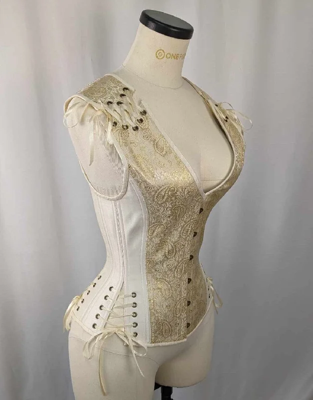 corset with plaid design-Ivory and Gold Brocade Androgynous Low Curve Corset Vest